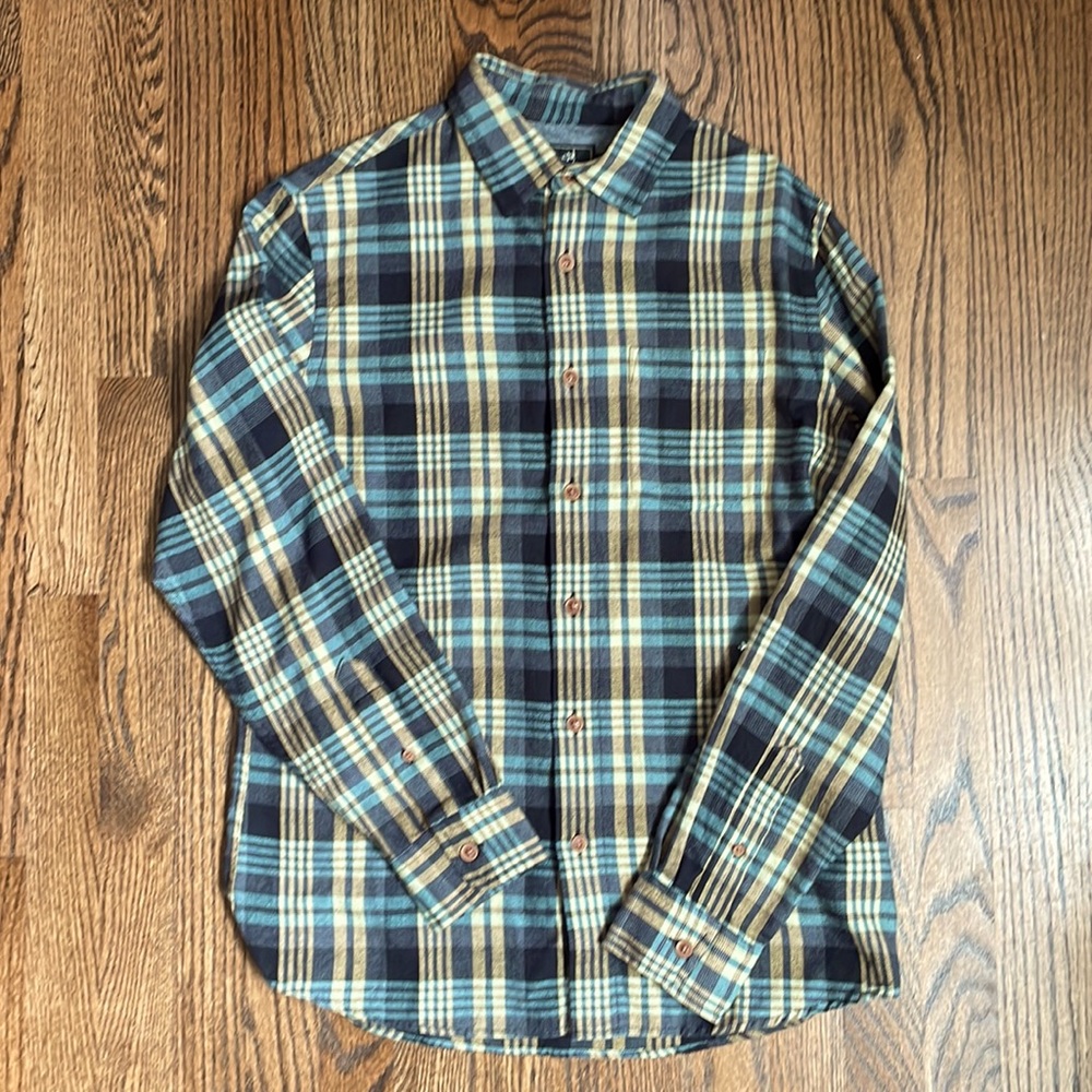 Grayers L/S lightweight flannel, teal, gold, black plaid, size Small